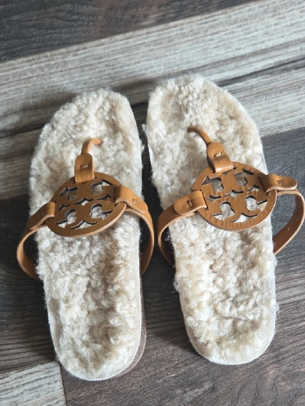 Tory Burch Camel Leather Logo Shearling Slide Sandals